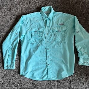 Columbia‎ PFG Fishing Shirt Omni-Shade Teal Roll-Up Long Sleeve Button Up